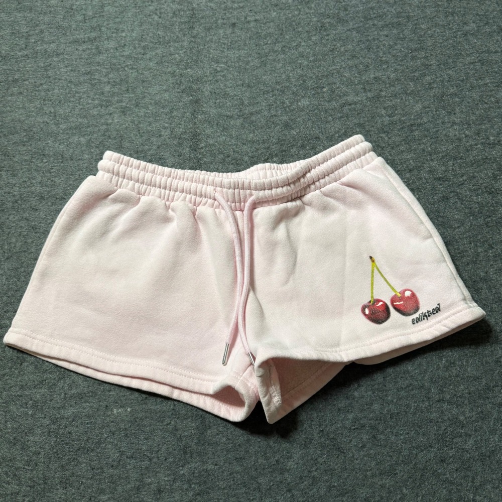 Edikted Womens Pink Cherry Graphic Fleece Sweat Shorts Small Drawstring Casual